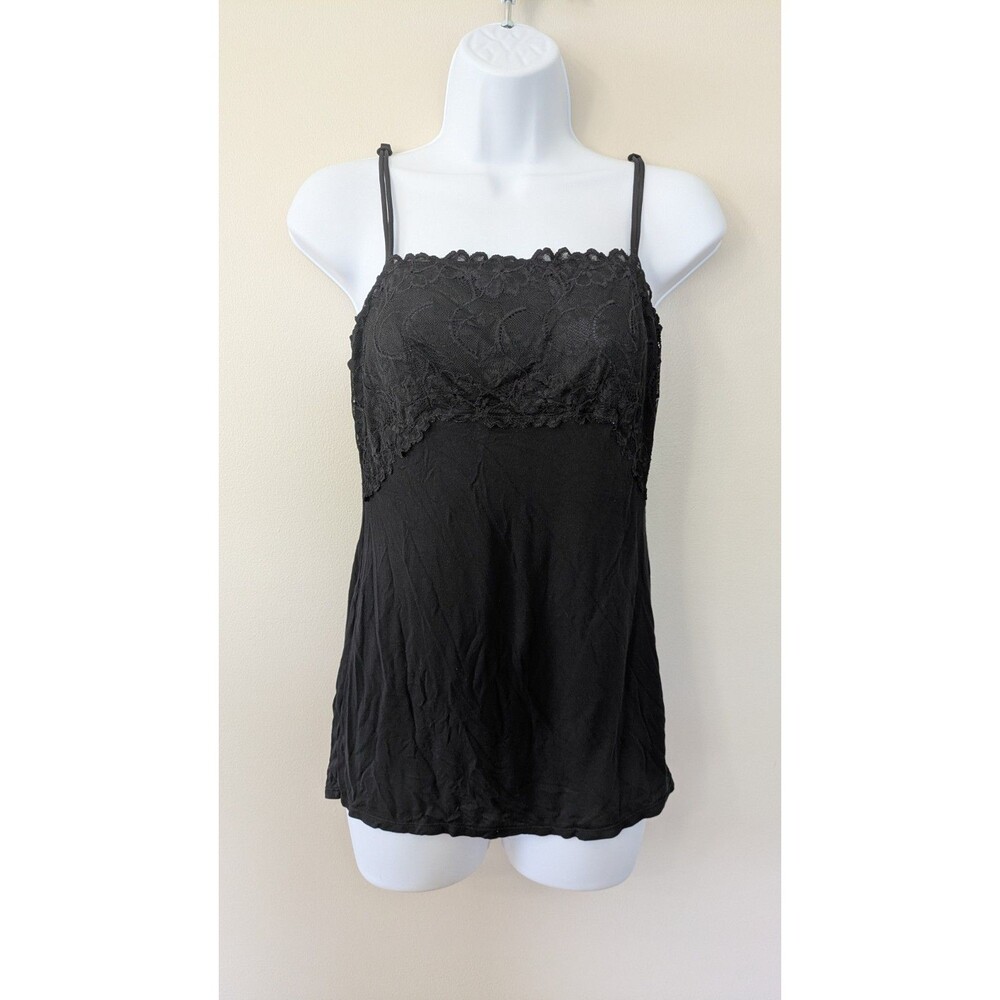 Vintage Y2K Black Lace Cami Top M Fairy Grunge Whimsigoth Dark Floral Layering